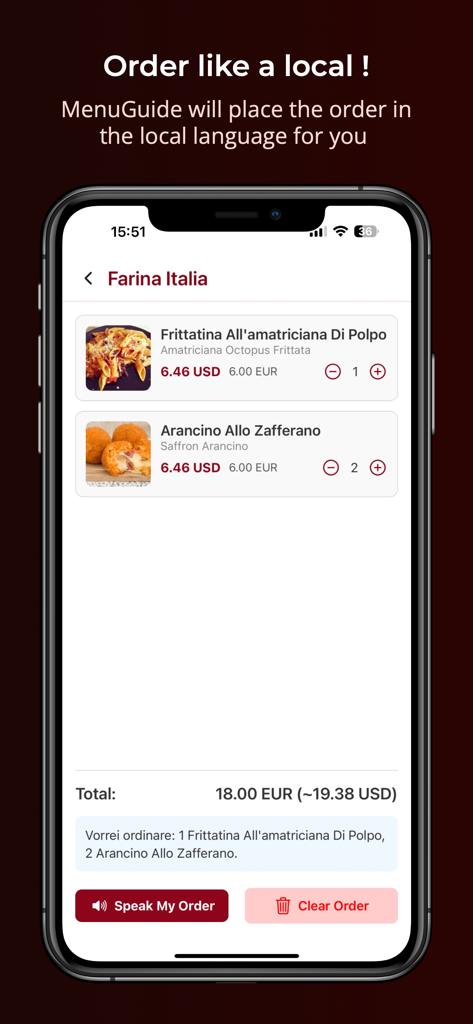 Captura de pantalla de la aplicación MenuGuide mostrando un resumen de pedido de comida con fotos de platos, conversión de precios en USD y EUR, y un botón para pronunciar el pedido en el idioma local.