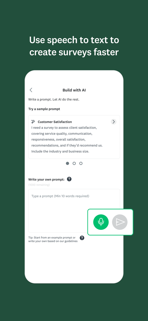 Interface do aplicativo SurveyMonkey mostrando o recurso Criar com IA e a funcionalidade de voz para texto para criar pesquisas.