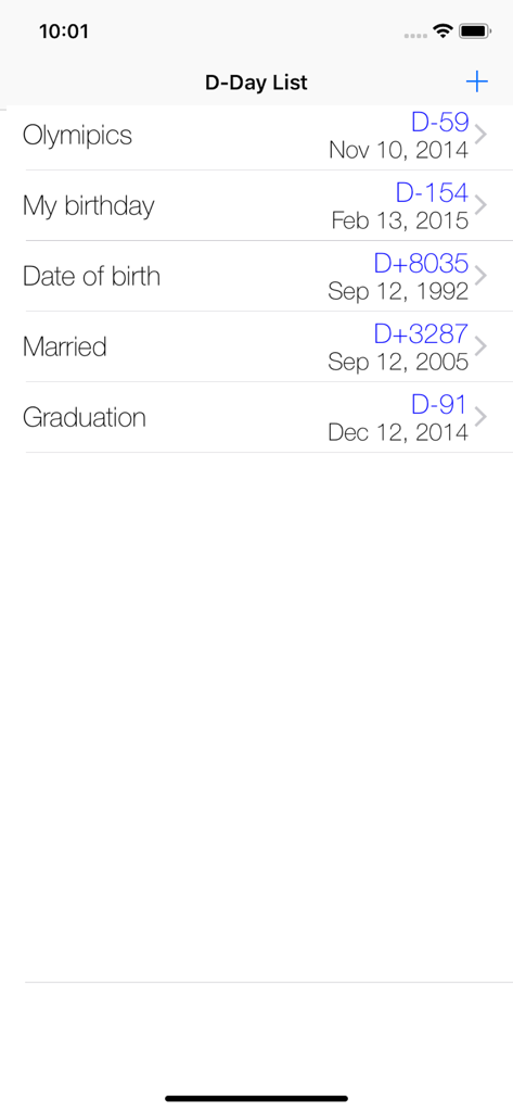 D-Day Counter - D-Day Counter app interface showing a list of countdowns and count-ups for milestones like birthdays and graduations