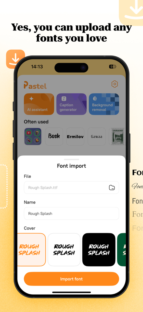 Add text to photo: Pastel - カスタムタイポグラフィをアップロードするためのフォントインポート画面が表示されたPastelアプリのインターフェース