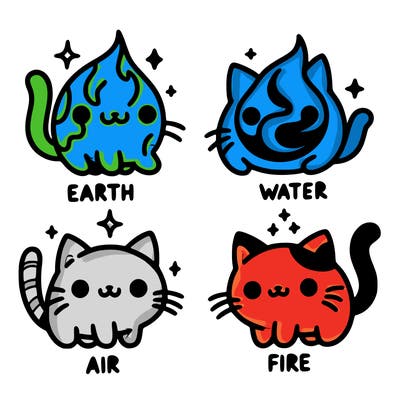 4 cats that represent the different elements, earth, water, air, and fire