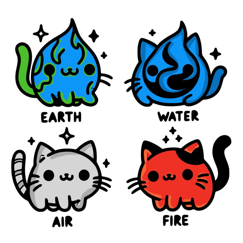 4 cats that represent the different elements, earth, water, air, and fire