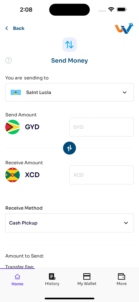 Interfaz de la aplicación WIDIT para enviar dinero con conversión de divisas y opciones de recogida de efectivo