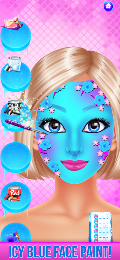 A girl with icy blue face paint and floral designs in the Ice Princess Face Paint Salon game