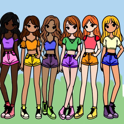 a group of girls wearing crop tops and shorts