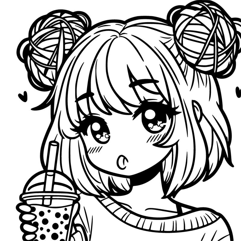 a super detailed teenage girl with two messy space buns. she will be drinking boba.it will only be showing her face and her one arm holding the boba.