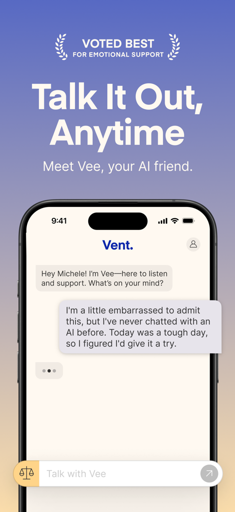 A screenshot of the Vent app showing a chat conversation with Vee, an AI companion for emotional support.