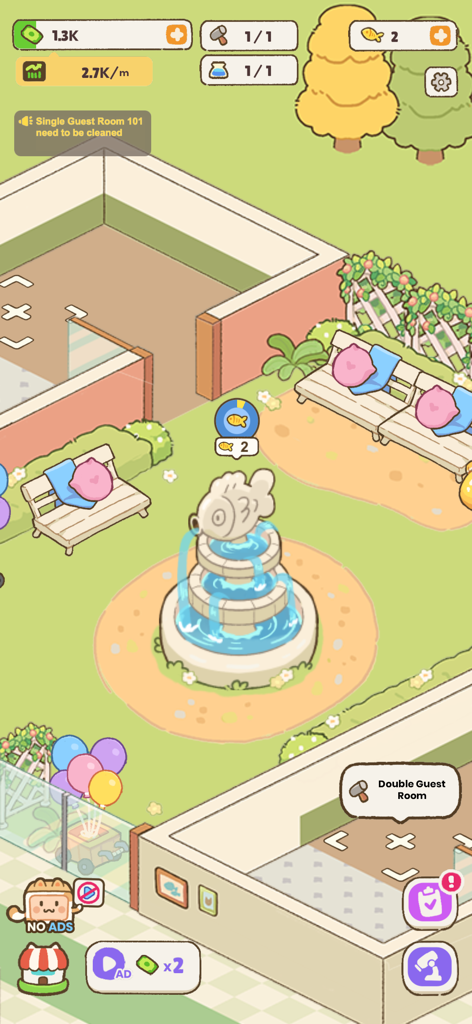 A peaceful garden scene in My Purrfect Cat Hotel featuring a fish fountain and cozy outdoor benches