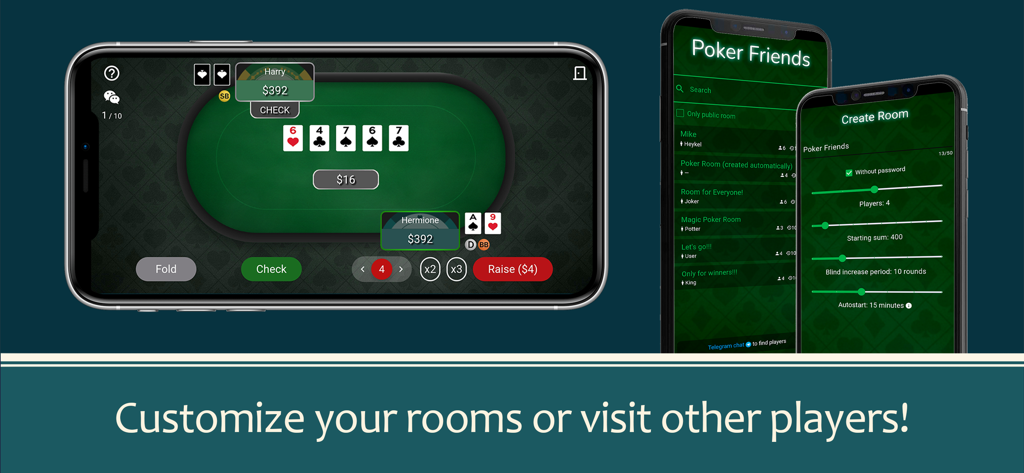 Interface of the Poker Friends mobile app showing active gameplay and room customization settings