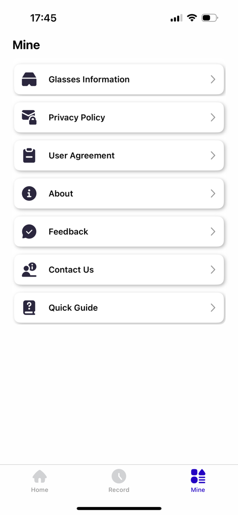 Menú de configuración del perfil de usuario en la aplicación iTourAR que muestra opciones de información de gafas y soporte.