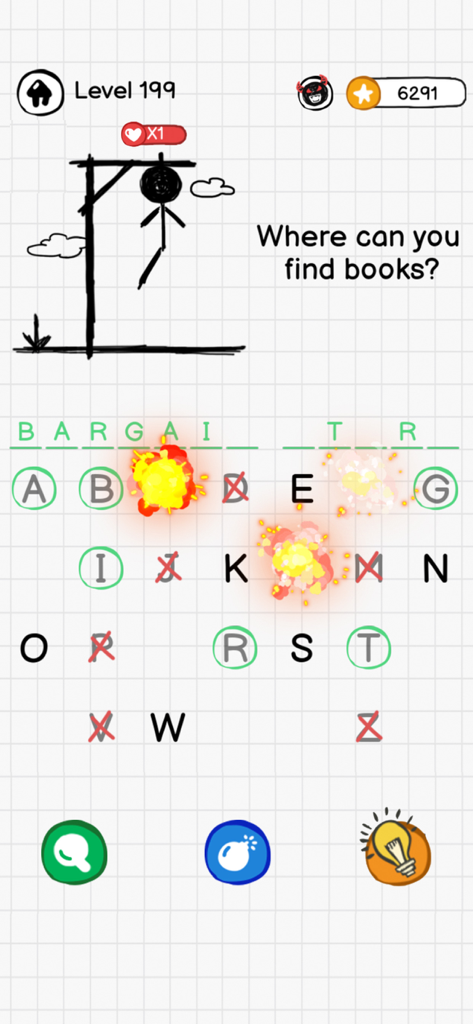 A gameplay screen of Hangman Words showing a word puzzle and a stick figure drawing on a grid background.