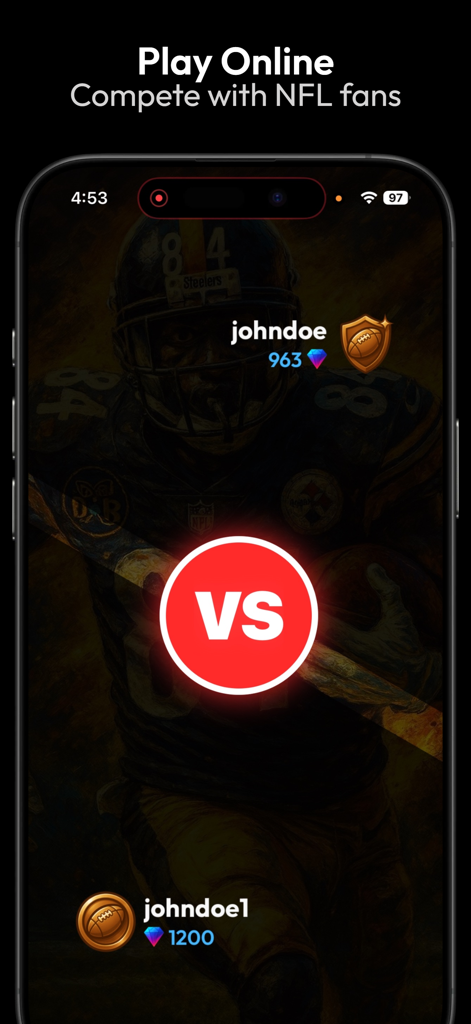 Gridiron Trivia app screen showing two players matched in a versus mode to play online and compete with NFL fans.