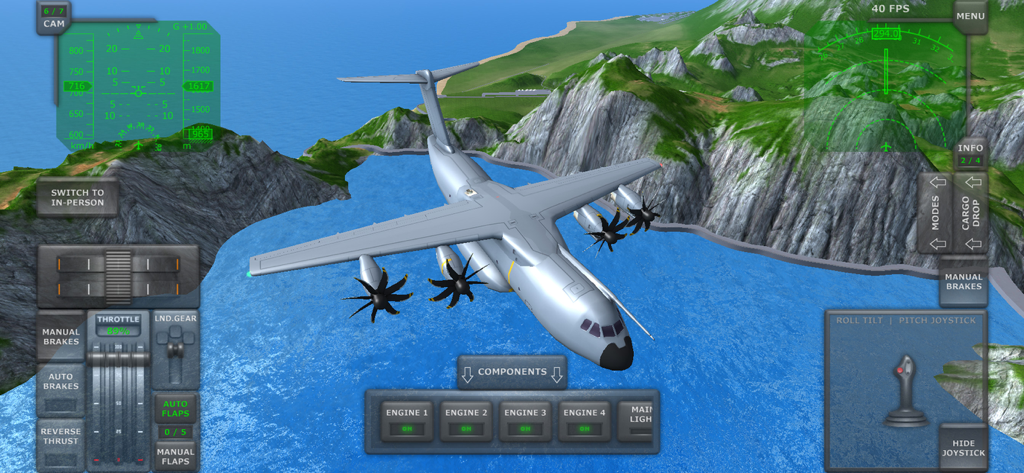 Turboprop Flight Simulator - Jogabilidade do Turboprop Flight Simulator apresentando uma aeronave de carga militar cinza voando sobre um litoral montanhoso com controles de voo detalhados