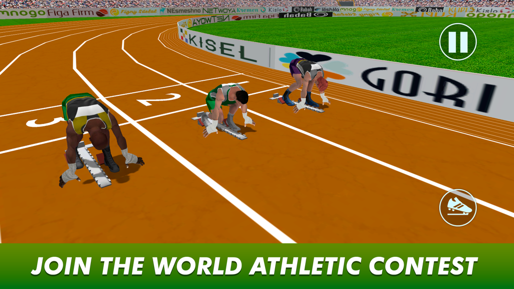Three 3D athletes at the starting blocks on a running track in a stadium