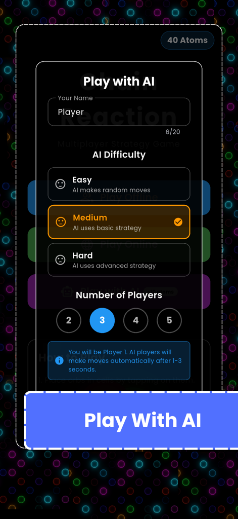 Chain Reaction(Online) - Chain Reaction game menu for selecting AI difficulty and number of players