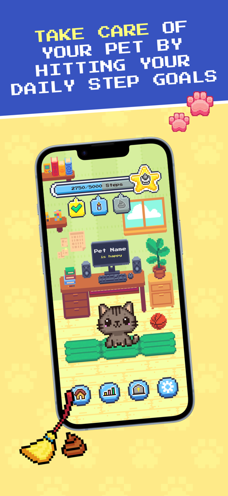 StepPals - Walking App - A pixel art cat in a virtual room on the StepPals app with a daily step goal tracker.