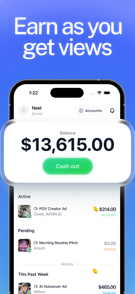 Bounty: Make Content, Get Paid - Bounty app dashboard showing a creator account balance of over thirteen thousand dollars with a cash out button