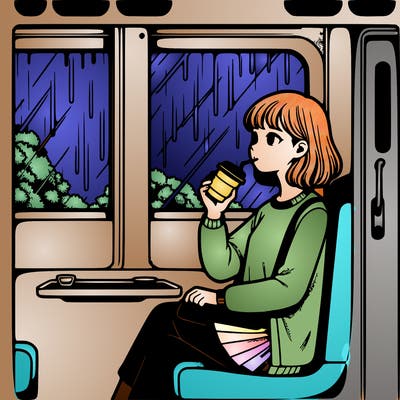 a realistic teenage girl is drinking coffee on an express train wen it is raining and sitting on a seat