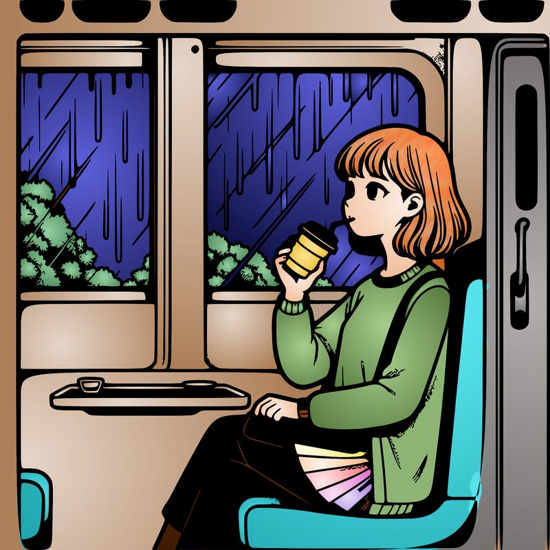a realistic teenage girl is drinking coffee on an express train wen it is raining and sitting on a seat