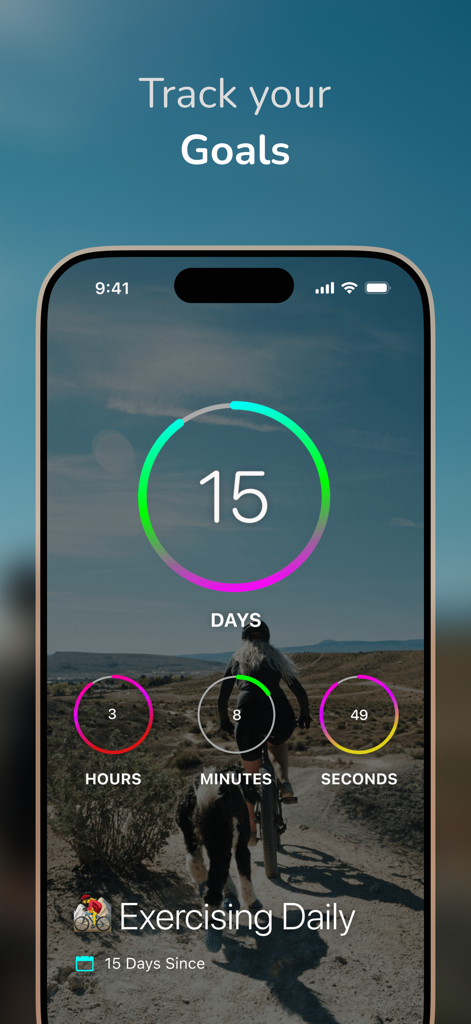 DayCount app interface showing a 15 day streak for daily exercise with circular countdown timers