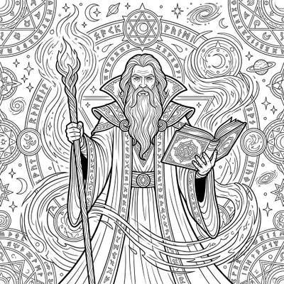 Embark on a mystical journey with this intricate adult coloring page featuring a powerful wizard. This detailed design is perfect for unwinding and exploring your creativity with fantasy themes.