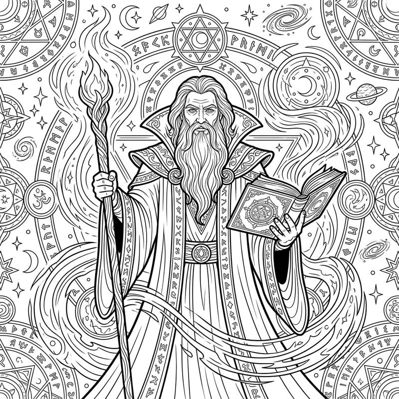 Embark on a mystical journey with this intricate adult coloring page featuring a powerful wizard. This detailed design is perfect for unwinding and exploring your creativity with fantasy themes.