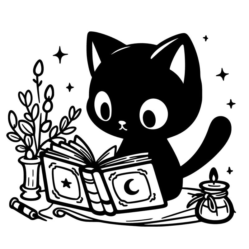 a black cat, looking at a spell book