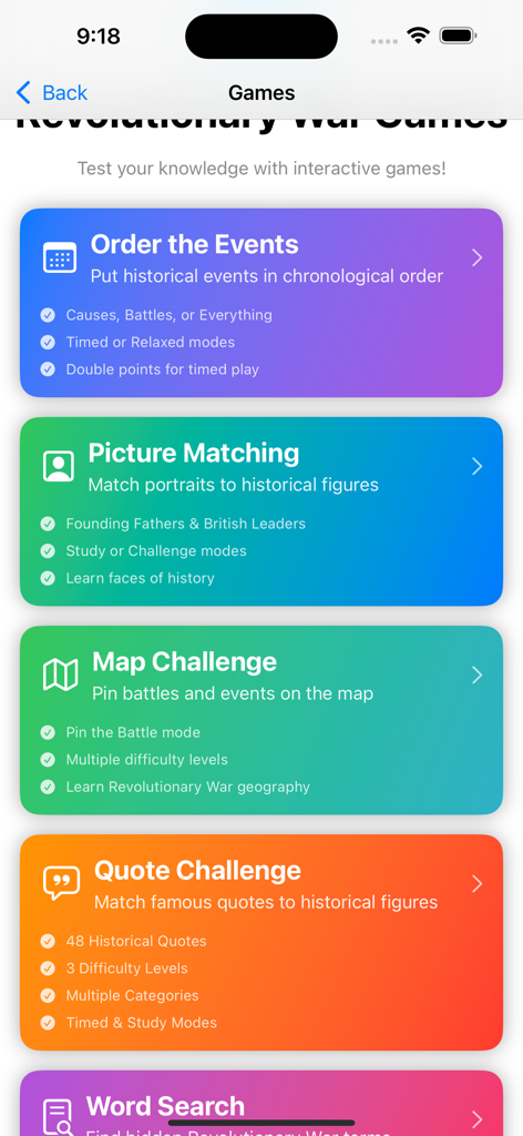 Revolutionary War - A menu of interactive history games including Order the Events, Picture Matching, and Map Challenge in the Revolutionary War app.