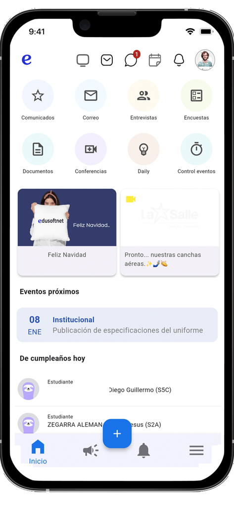 Dashboard of the edusoft.net school management app showing icons for communication and upcoming events