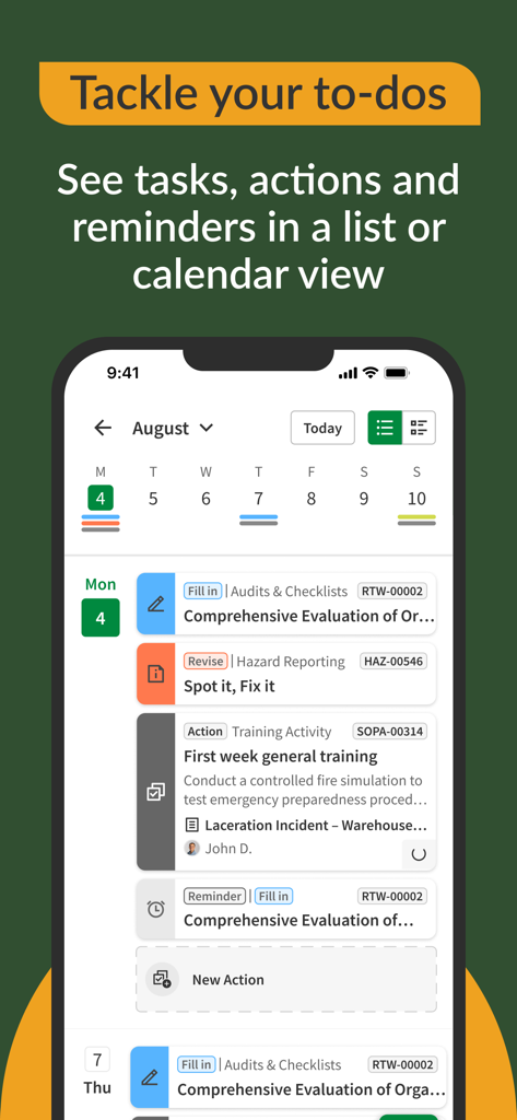 ecoPortal Connect - Interface do aplicativo ecoPortal Connect mostrando uma lista de tarefas abrangente e visualização de calendário para gerenciar ações de saúde e segurança no local de trabalho