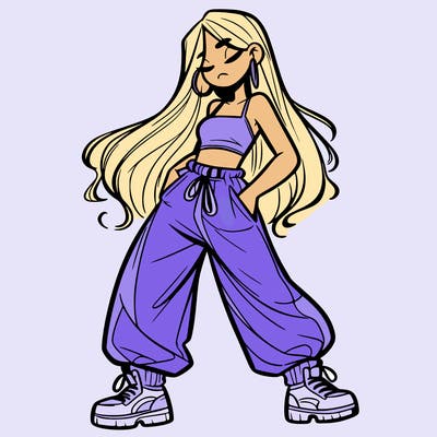 girl in baggy pants crop top and long hair