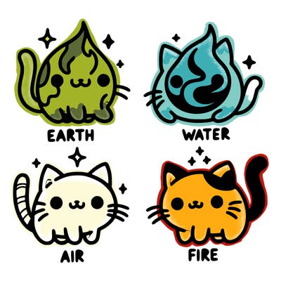 4 cats that represent the different elements, earth, water, air, and fire