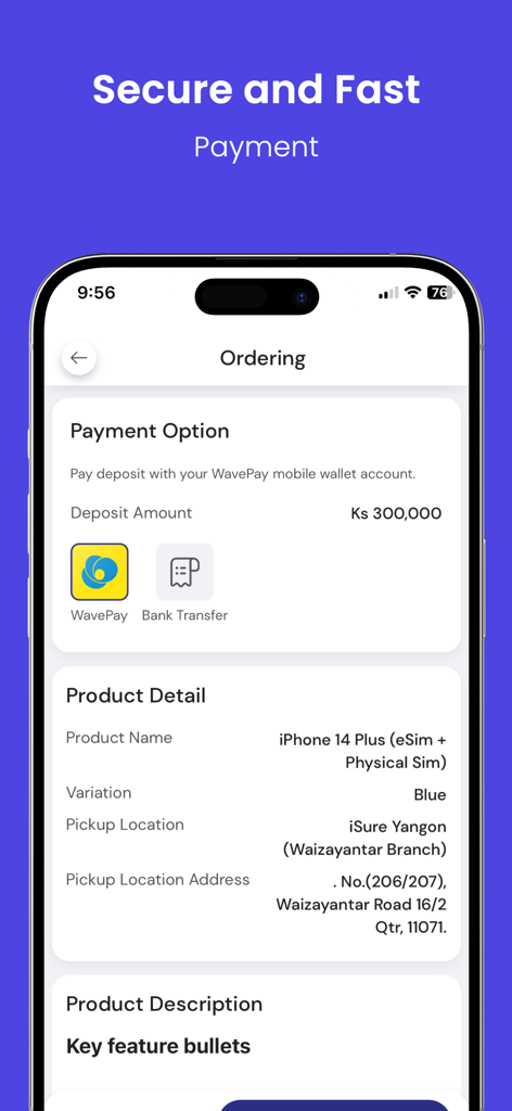 The PLUS+ app ordering screen showing secure payment options and product details for an iPhone 14 Plus lease