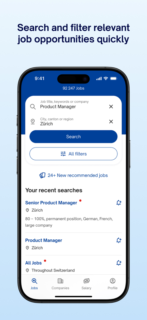 Job search interface of the jobs.ch app showing a search for a Product Manager in Zurich