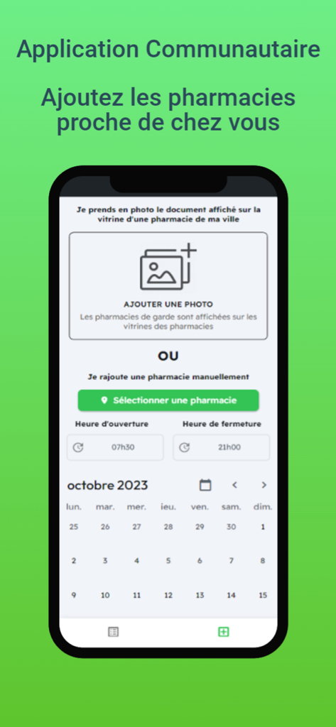 Screen showing options to add a pharmacy by photo or manual entry with business hours and calendar
