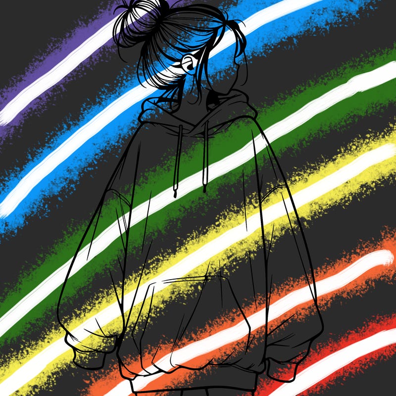 realistic girl with a oversized sweatshirt on and a bun