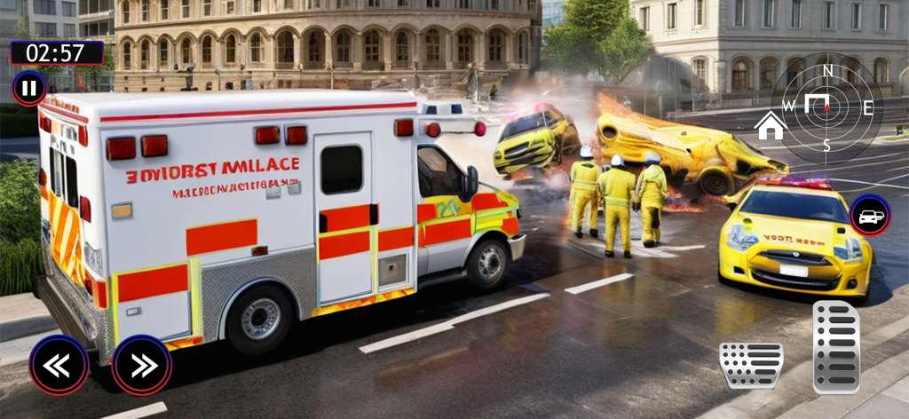 Patient Rescue Ambulance Game - An ambulance at a car accident scene with paramedics in a city simulation game.