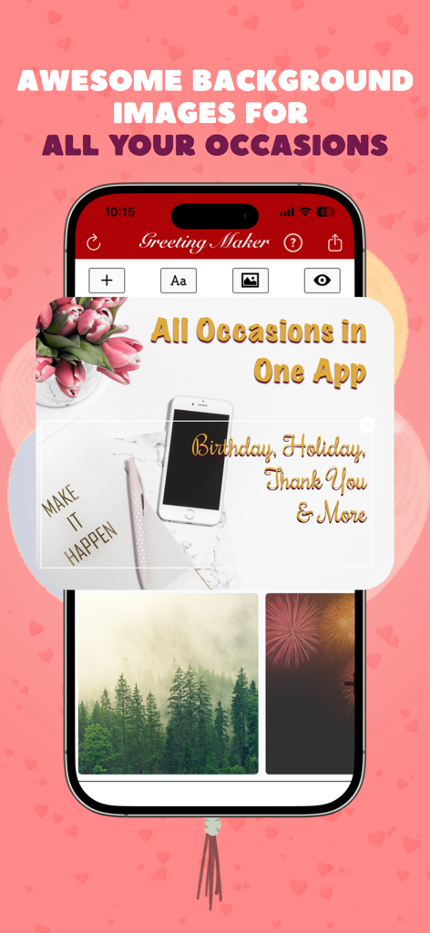 Greeting Card Maker & Invite - Greeting Card Maker app interface showing background options for birthdays, holidays, and thank you cards.