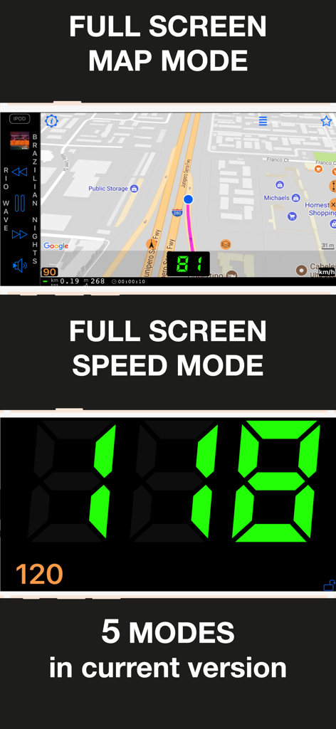 Screenshot of Speedometer 55 displaying its full screen map mode and high visibility speed display mode.