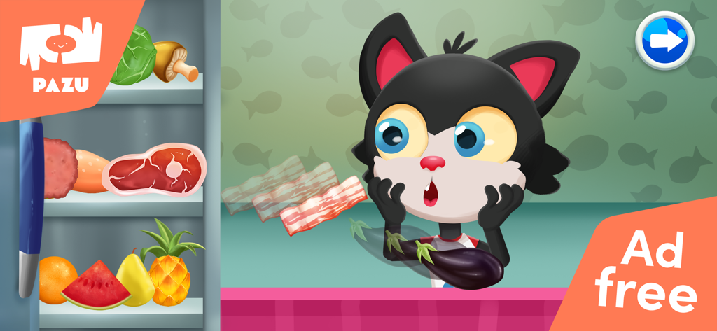 Paw Kitchen Kids Cooking Games - A cartoon cat in front of an open refrigerator selecting food ingredients in a kids cooking game