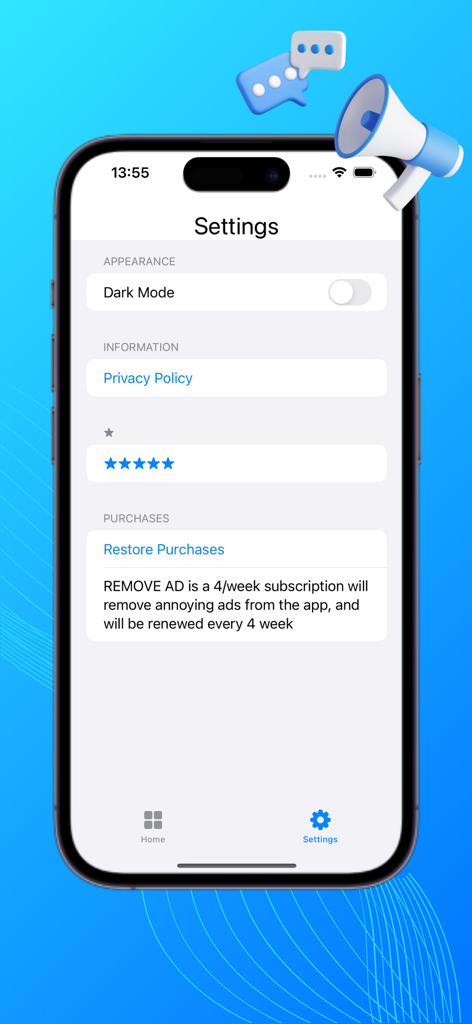 TTS: Voice Aloud Reader - Pantalla de configuración de la aplicación TTS Voice Aloud Reader que muestra opciones para el modo oscuro y la suscripción a la eliminación de anuncios