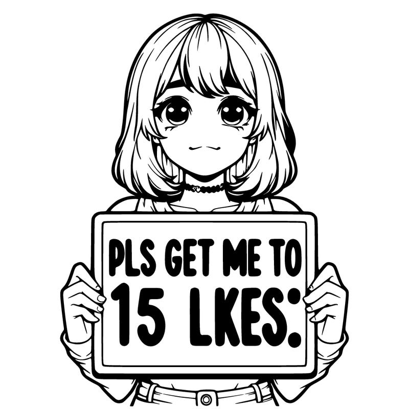 realistic girl holding up a sign that says “pls get me to 15 likes!”