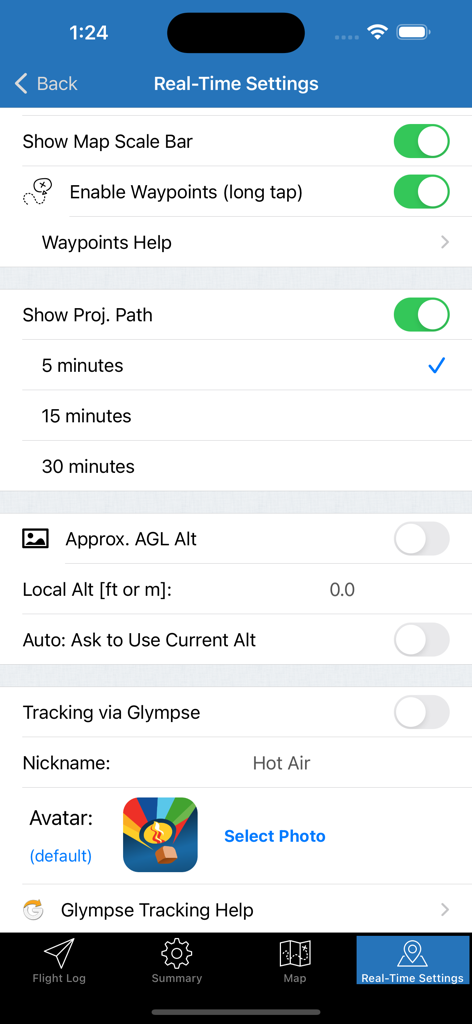 Hot Air - Real-time settings screen in the Hot Air app showing configuration for waypoints and projected flight paths.