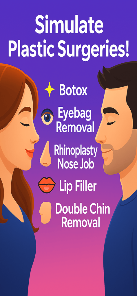 Pody Plastic Surgery Simulator - Illustration of a man and woman showing plastic surgery simulation options like Botox, rhinoplasty, and lip filler.