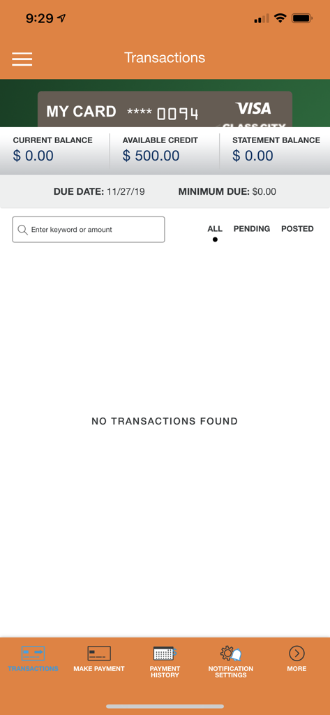 Écran des transactions de l'application Glass City Card Controls affichant le solde du compte et le crédit disponible pour une carte Visa.