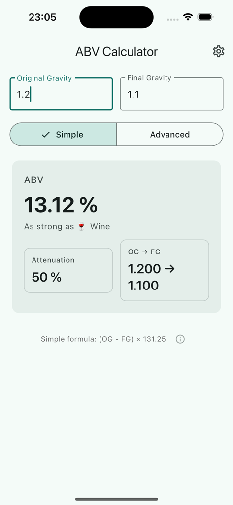 ABV Calculator - Minimalistic - ABV計算機アプリのインターフェース。アルコール度数13.12％と計算された表示。