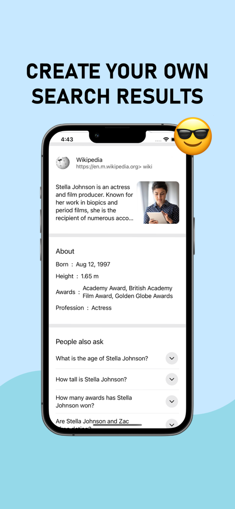 Fake Gooble Search Prank - A mobile app interface displaying a mock Google search result page with Wikipedia and biographical details for a prank
