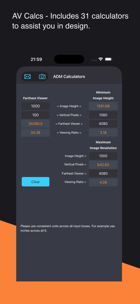AV Buddy - AV Buddy 앱 인터페이스. 시청 거리 및 이미지 해상도 계산을 위한 ADM 계산기를 표시합니다.