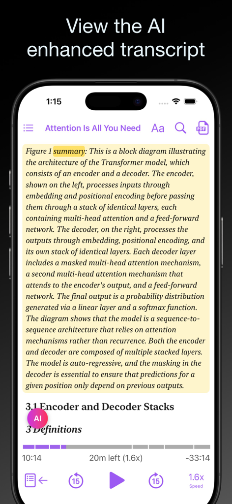 Paper2Audio: Text to Speech - Paper2Audio app interface displaying an AI-generated summary of a research paper figure with audio playback controls