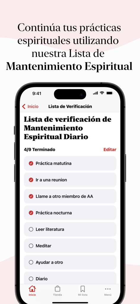 AA La Viña - Ein mobiler Bildschirm, der eine spirituelle Checkliste für das tägliche Leben auf Spanisch innerhalb der AA La Viña App zeigt